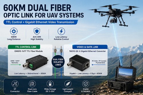 mais recente caso da empresa sobre 60KM Dual Fiber Optic Link para sistemas UAV: Controle TTL + Transmissão de vídeo Gigabit Ethernet