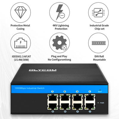 8 Portos PoE Ethernet Switch Rede industrial não gerenciada 120W/240W DC48V IP40