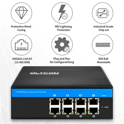 Conversor de mídia PoE não gerenciado industrial de Gigabit 8 portas 120W 240W DC48V saída