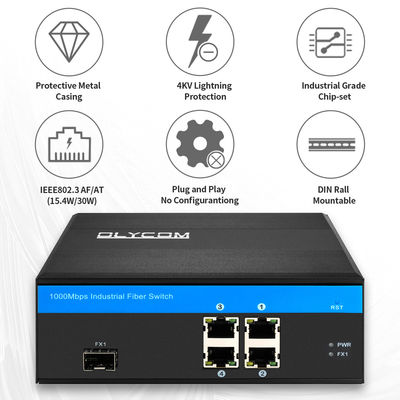 Comutador de fibra industrial de 5 portas Gigabit PoE.