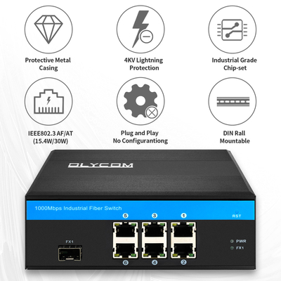 Gigabit Switch de Fibra Óptica Não Gerenciada 180W POE Din Rail Ativo Para Câmaras IP