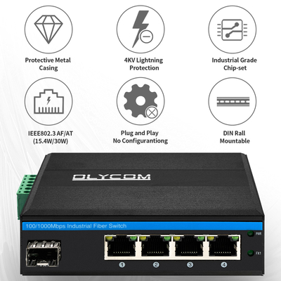 5 Portos SFP PoE Switch Gigabit Network PoE/PoE+ 120W Budget DC48V sem ventilador CE FCC