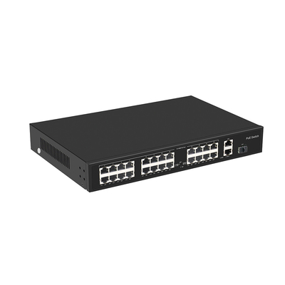 24 Portos 10/100M POE Switch Gigabit Fibra Óptica Uplink AC Rack Não gerenciado Orçamento de 300W