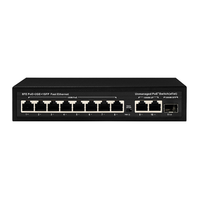 Switch POE não gerenciado 8 PoE 10/100Mbps + 2 LAN 100/1000Mbps + 1SFP 100/1000M para CCTV