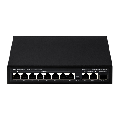 Switch POE não gerenciado 8 PoE 10/100Mbps + 2 LAN 100/1000Mbps + 1SFP 100/1000M para CCTV