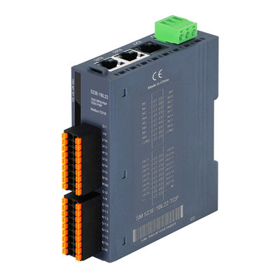 Módulo de E/S PLC Modbus-TCP/IP com 3 portas RJ45, 16DI+16DO e fonte de alimentação 24VDC para controle industrial