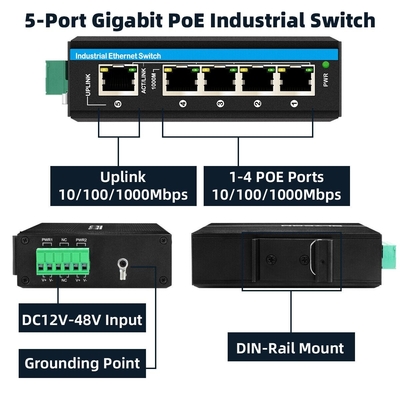 Interruptor de rede industrial POE de entrada 12-48VDC de 5 portas