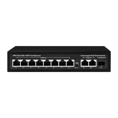 Switch POE não gerenciado 120W 8 PoE 10/100/1000Mbps + 2 LAN 10/100/1000Mbps + 1SFP 100/1000M