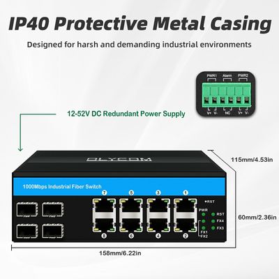 Switch Gerenciado Industrial Camada 3 Gigabit Ethernet 12 Portas ERPS RSTP Trilho DIN CE