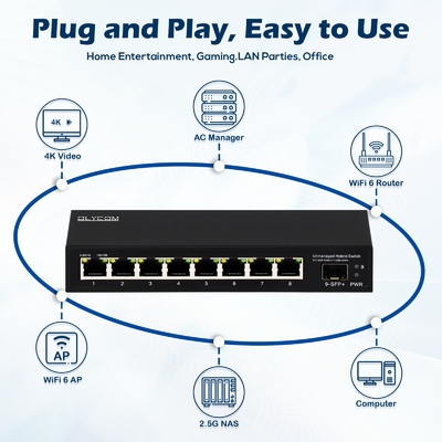 9 Portos Não gerenciados 2.5G Ethernet Switch com 10G Uplink SFP Port 60Gbps Backplane Bandwidth
