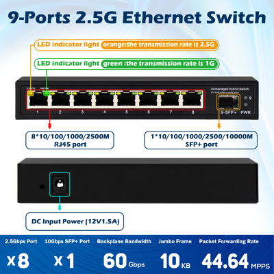 9 Portos Não gerenciados 2.5G Ethernet Switch com 10G Uplink SFP Port 60Gbps Backplane Bandwidth