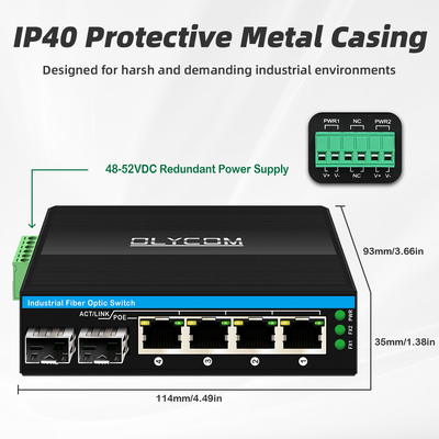 Mini 6 portas gigabit comutação Ethernet POE comutação din rail 2 sfp + 4 RJ45 DC48-52V entrada de potência dupla