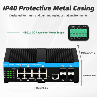 12 portas 10G L2/L3 Gerenciado Poe+ Switch 4*10G Sfp Portos DC48V Entrada de potência dupla 10g Poe Switch