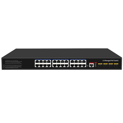 24 Portos PoE Switch 10G Fiber300W Budget USB Console L3 Gerenciada entrada AC