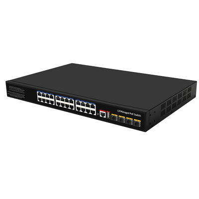 24 Portos PoE Switch 10G Fiber300W Budget USB Console L3 Gerenciada entrada AC