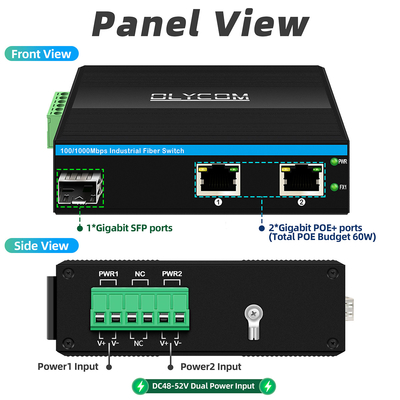 Mini Convertidor de Fibra Óptica Comutador de Ethernet Industrial Comutador Poe DC48V