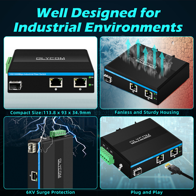 Mini Convertidor de Fibra Óptica Comutador de Ethernet Industrial Comutador Poe DC48V