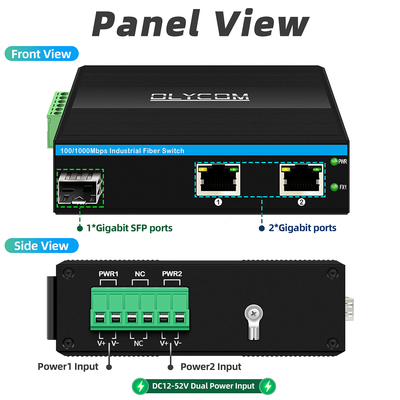 Conversor de Fibra Óptica Gigabit Din Switch de Rede DC12-52V Entrada de Potência Dupla