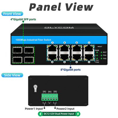 12 Portes Switch Ethernet Industrial Din Switch de rede 4SFP+8RJ45 DC12-52V Dual Power Supply