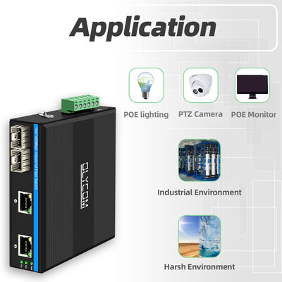 Comutador industrial POE com 2 portas SFP + 2 portas RJ45 6KV de proteção contra sobretensões e entrada de energia DC48V para uso externo