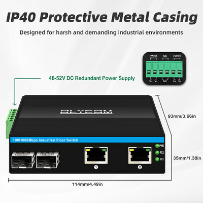 Comutador industrial POE com 2 portas SFP + 2 portas RJ45 6KV de proteção contra sobretensões e entrada de energia DC48V para uso externo