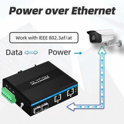 Comutador industrial POE com 2 portas SFP + 2 portas RJ45 6KV de proteção contra sobretensões e entrada de energia DC48V para uso externo