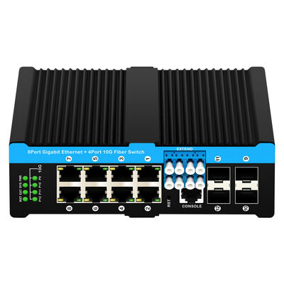 Switch de Bypass de Fibra Industrial com 4 Portas SFP+ 10G e 8 Portas PoE 10/100/1000Mbps para Ambientes Hostis
