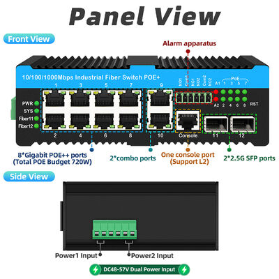 Interruptor de rede industrial gerenciado 2*2.5G SFP+8*RJ45 Portas 10/100/1000M POE Interruptor externo de 90W